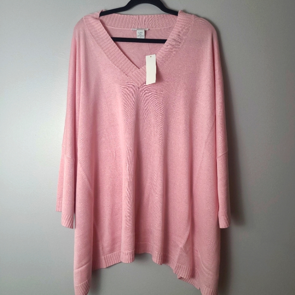 Joan Vass Pink Silk/Cashmere Ribbed V-Neck Shark Bite Hem Plus Size Sweater - 3X